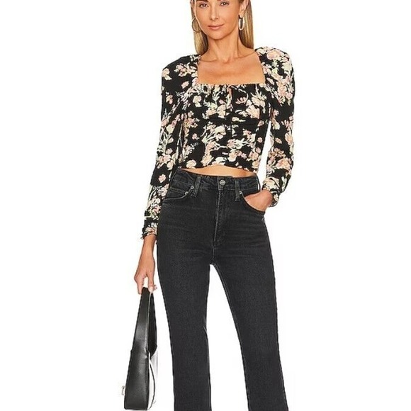 Free People M Blouse Black Floral Long Ruched Sleeve Hilary Printed ob1569574 - Picture 1 of 9